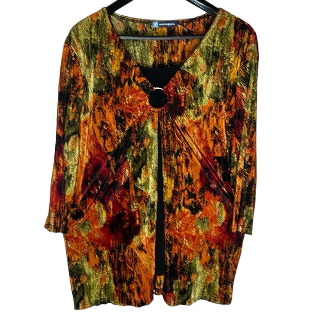 Penningtons‎ women’s top colorful blouse black insert v-neck 1x